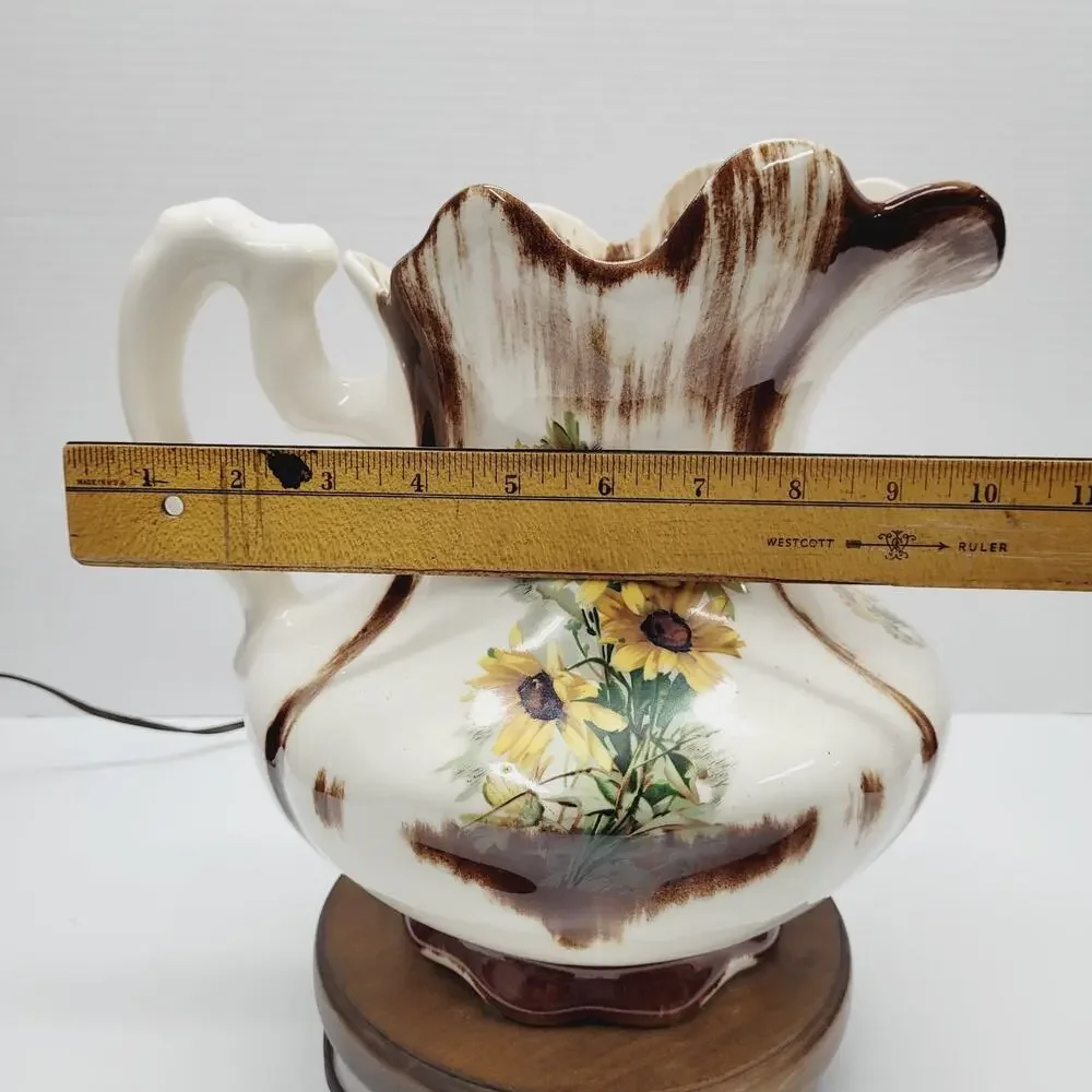 Vtg Table Lamp Water Pitcher Hand Painter Sunflowers Ceramic Wood Base 13